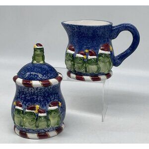 1998 CBK Ltd Frog Santa Hat Creamer Lidded Sugar Blue Sponge ware Peppermint